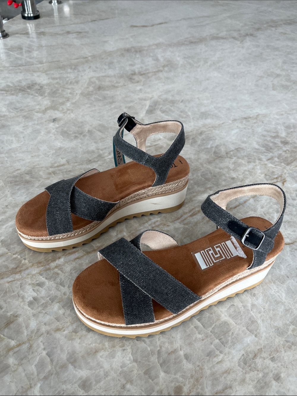 Toms Black Cross-Strap Wedge Sandals